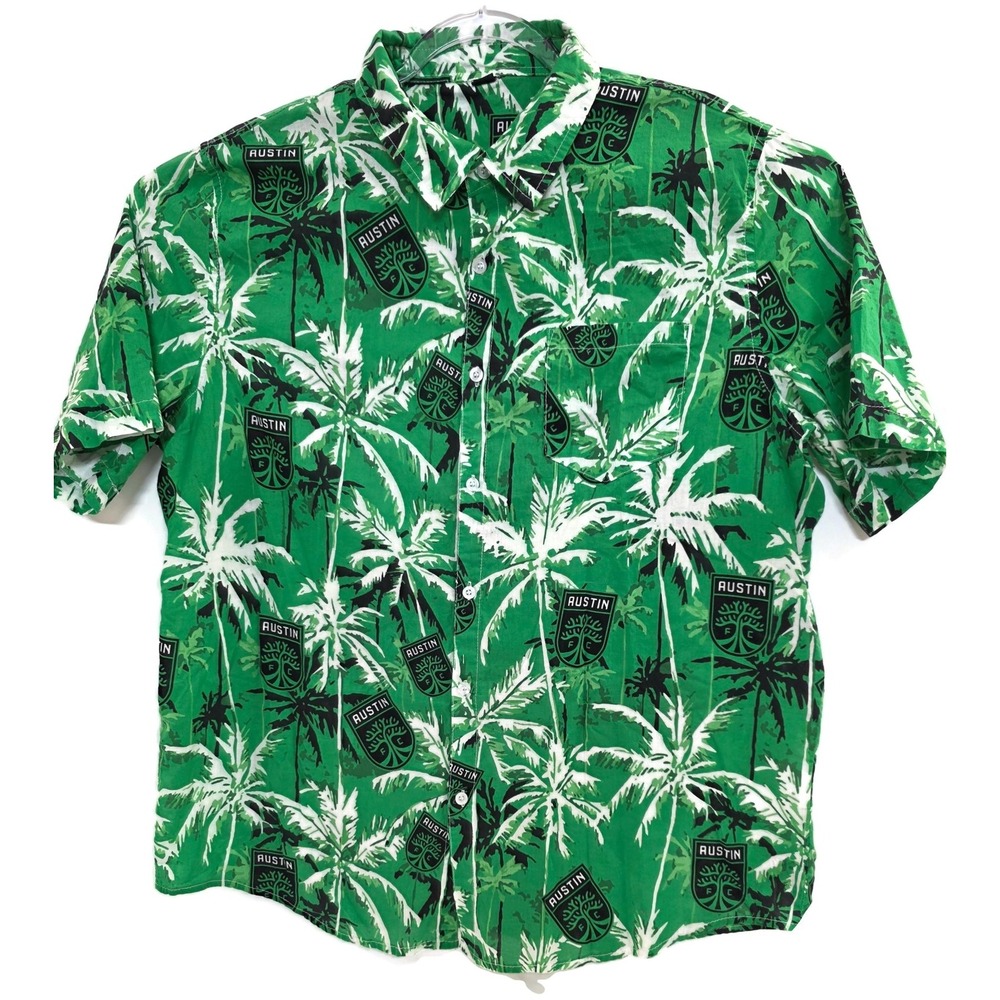 Austin FC Shirt‎ Mens Green Hawaiian Palm Tree Button Front Short Sleeve Soccer